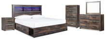 Load image into Gallery viewer, Drystan King Bookcase Bed with 4 Storage Drawers with Mirrored Dresser and 2 Nightstands
