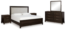 Load image into Gallery viewer, Neymorton Queen Upholstered Panel Bed with Mirrored Dresser and 2 Nightstands
