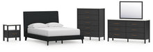 Load image into Gallery viewer, Cadmori Full Upholstered Bed with Mirrored Dresser, Chest and Nightstand
