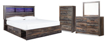 Load image into Gallery viewer, Drystan King Bookcase Bed with 4 Storage Drawers with Mirrored Dresser and Chest
