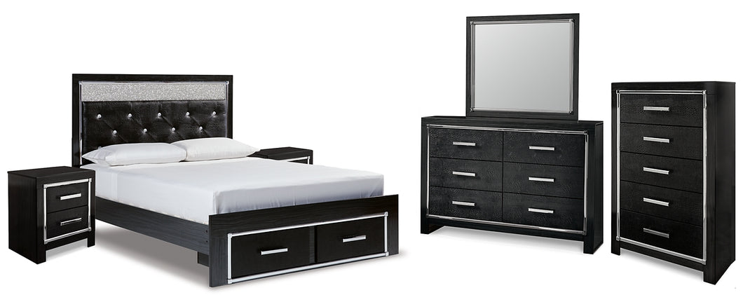 Kaydell Queen Upholstered Panel Storage Platform Bed with Mirrored Dresser, Chest and 2 Nightstands